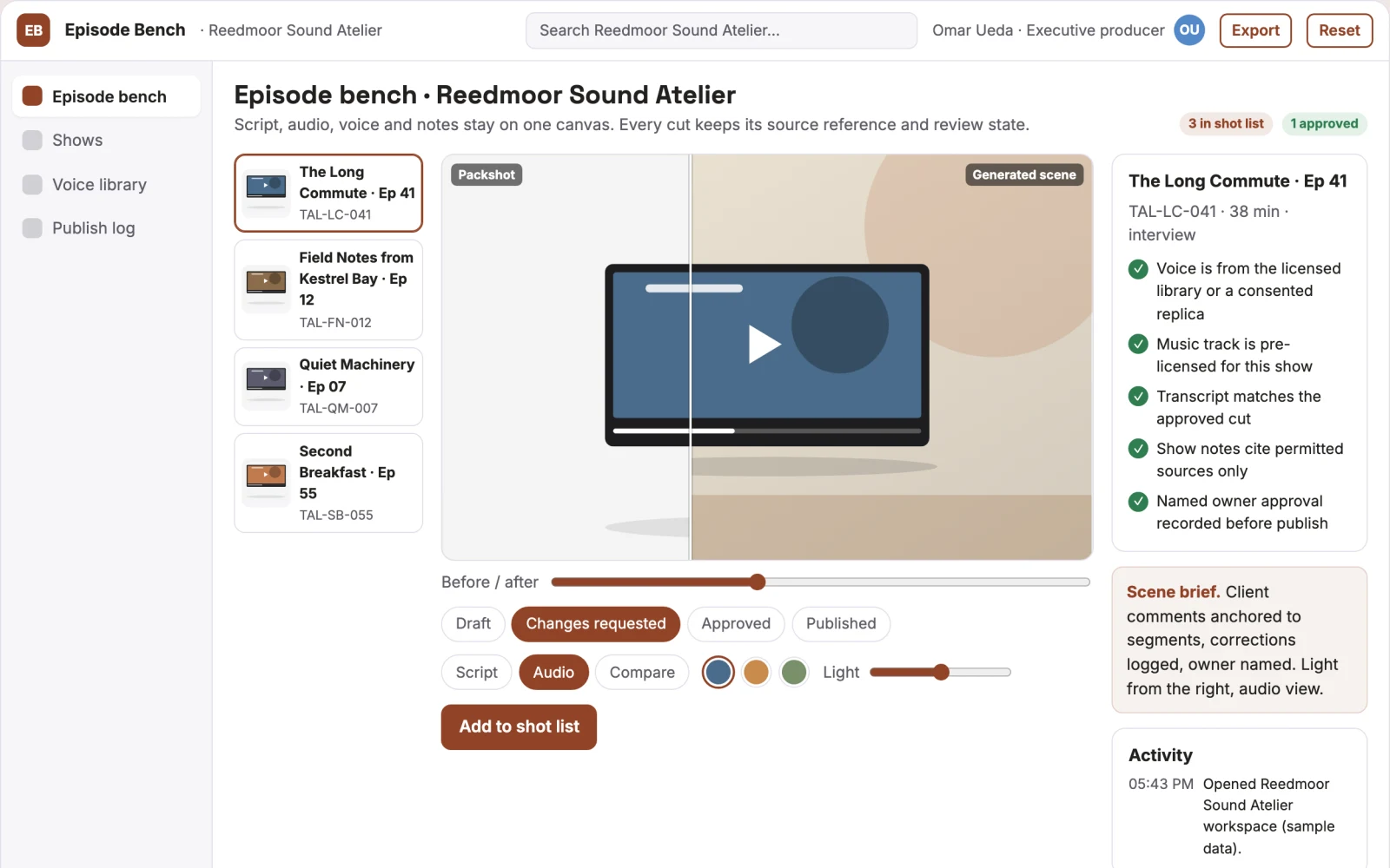 Screenshot of the Podcast production and publishing workbench interactive demo