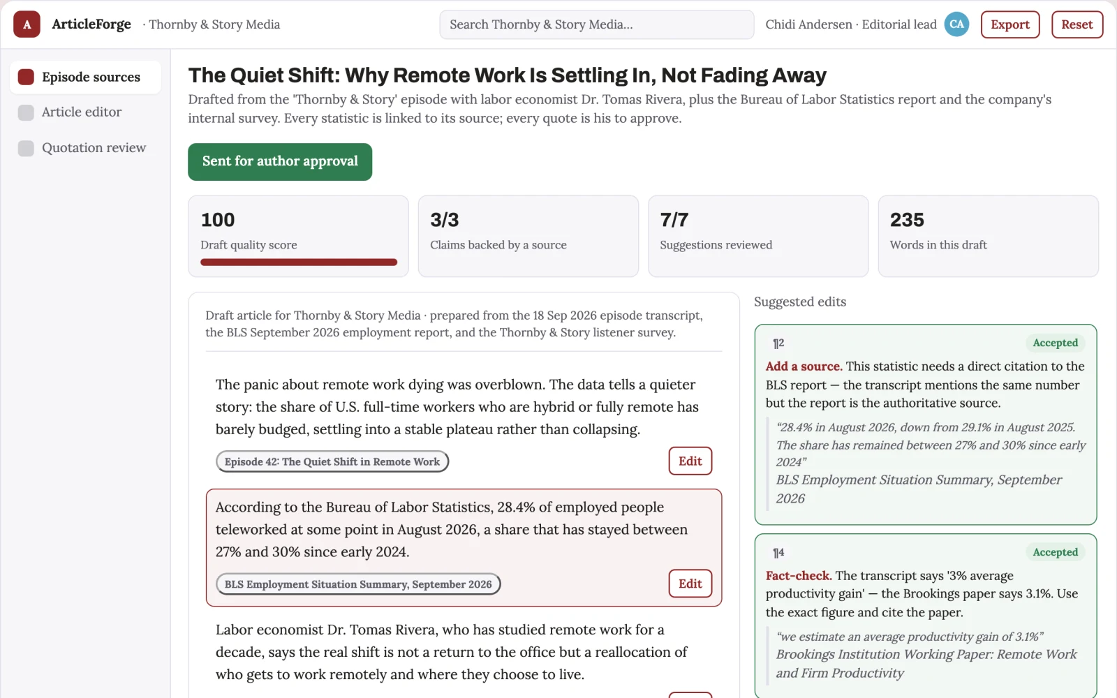 Demo screen of Podcast-to-publication service