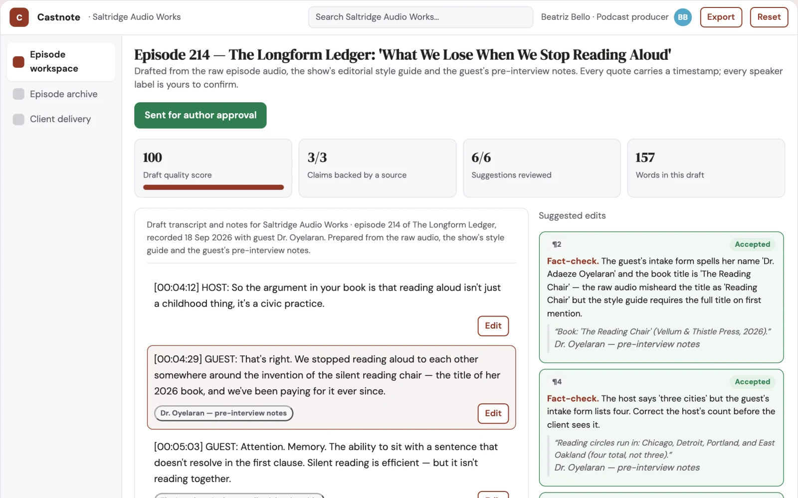 Screenshot of the Podcast transcript and notes workspace interactive demo