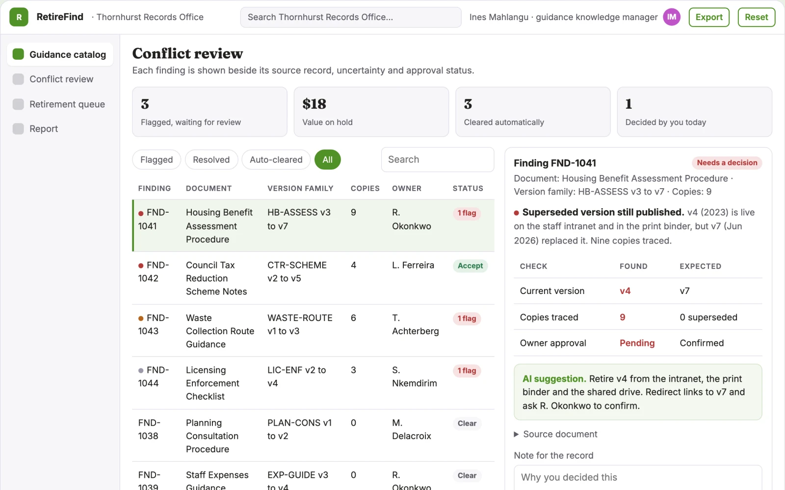 Screenshot of the Policy document retirement finder interactive demo