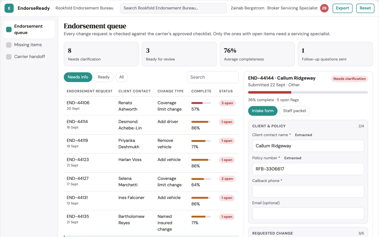 Screenshot of the Policy endorsement request completeness interactive demo