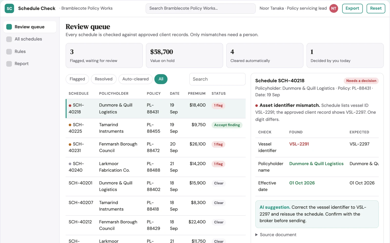 Screenshot of the Policy schedule identifier checker interactive demo