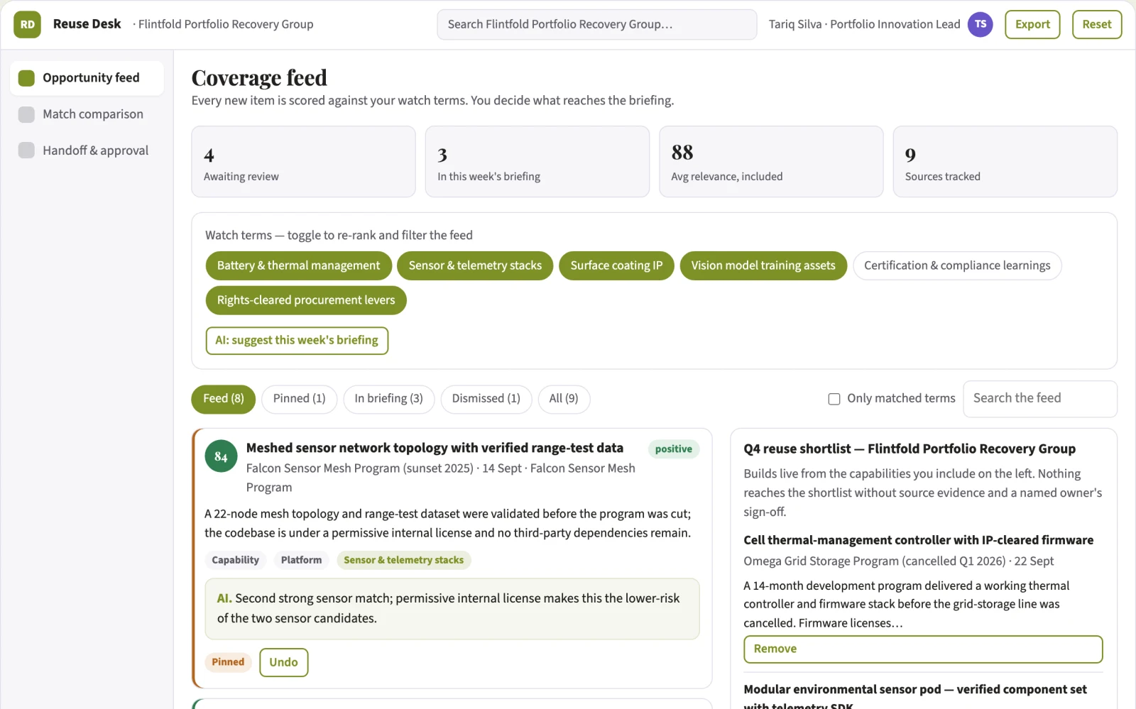 Screenshot of the Portfolio project option reuse engine interactive demo