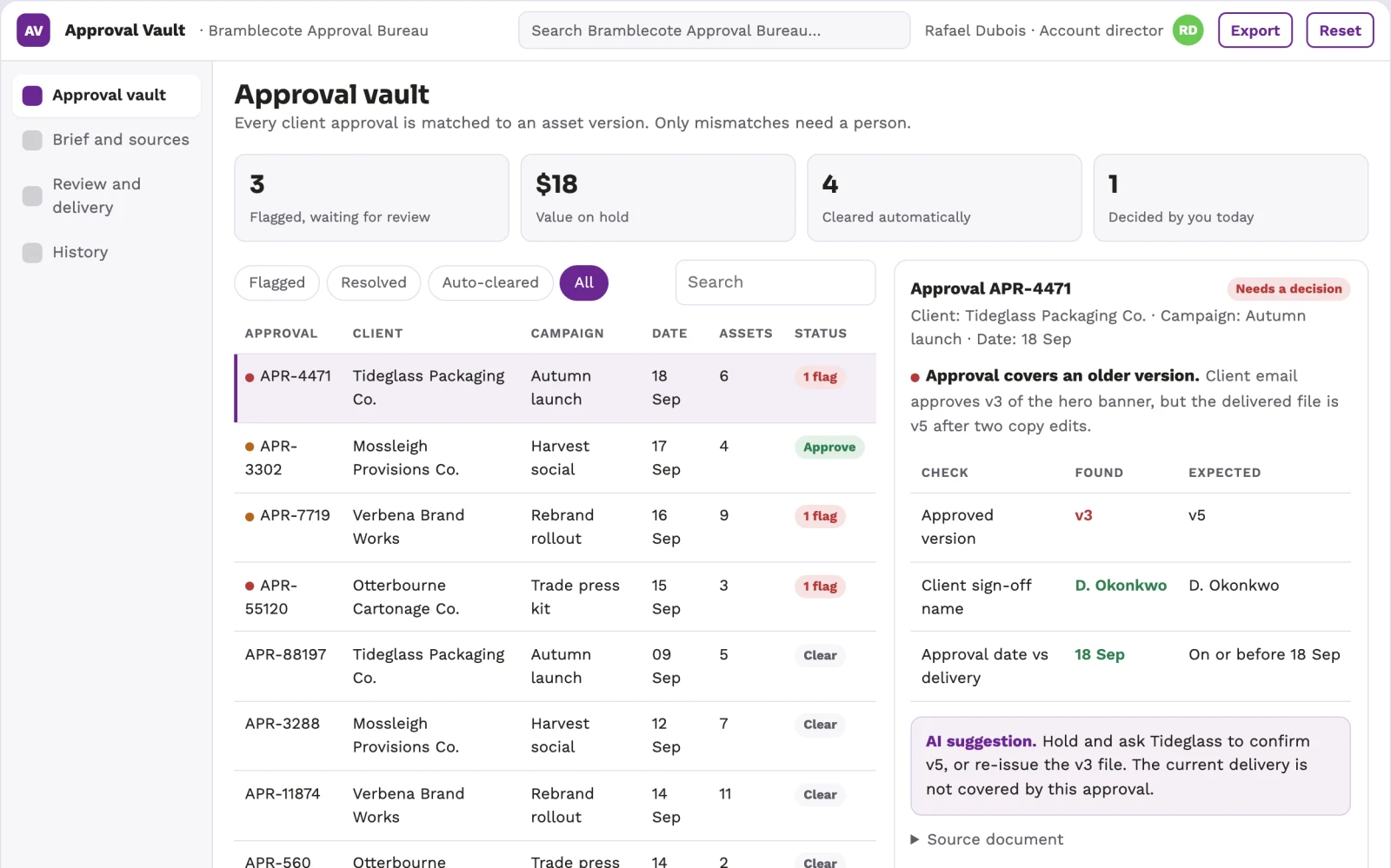 Screenshot of the PR client approval evidence vault interactive demo