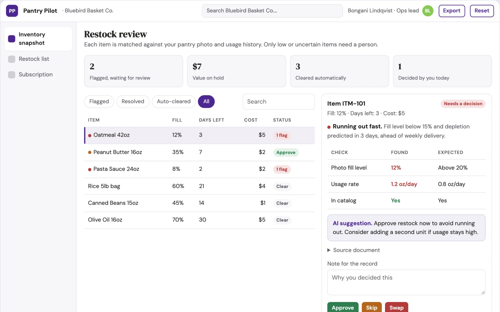 Demo screen of Pantry Restock Agent