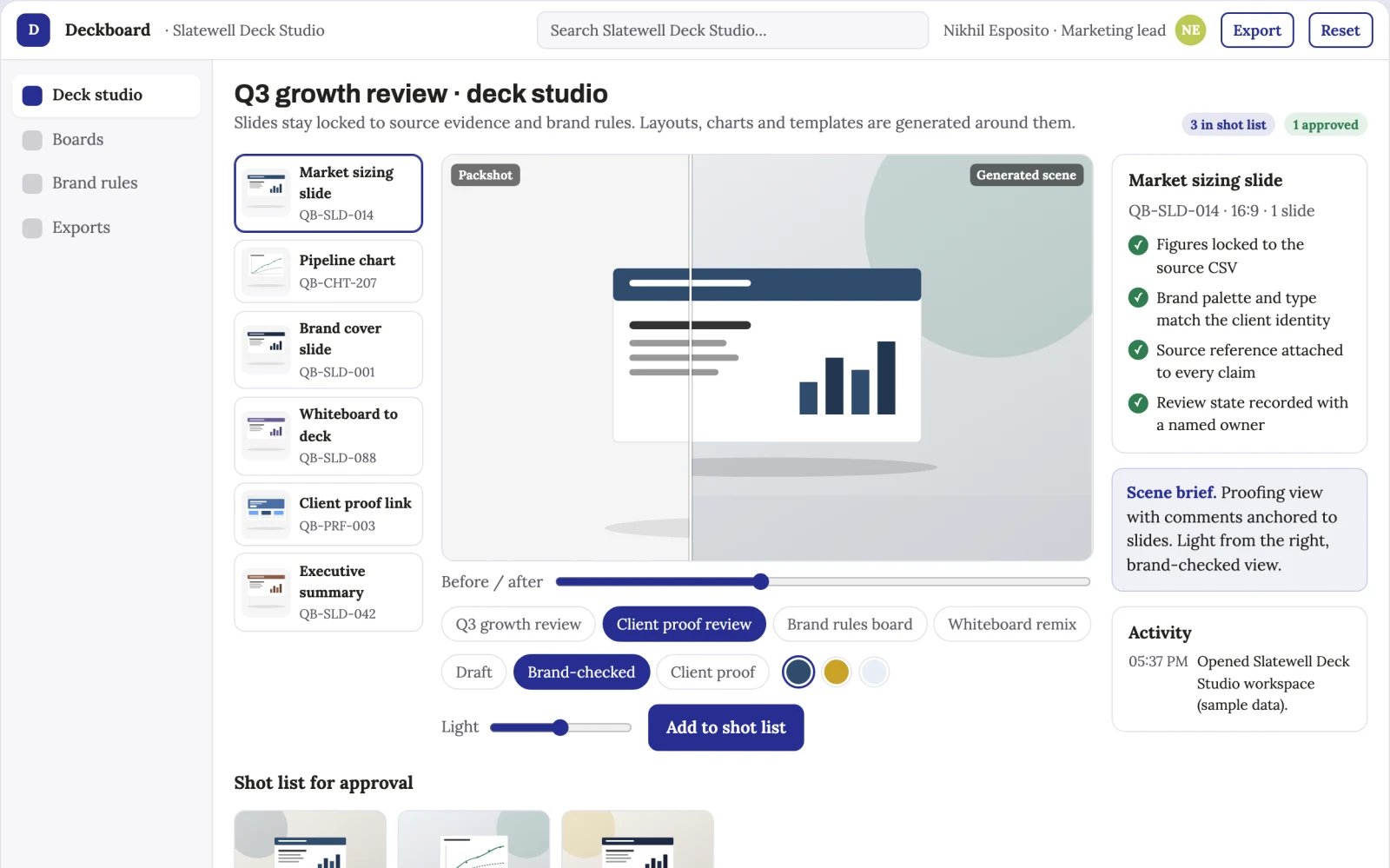 Screenshot of the Presentation deck production and brand review workbench interactive demo