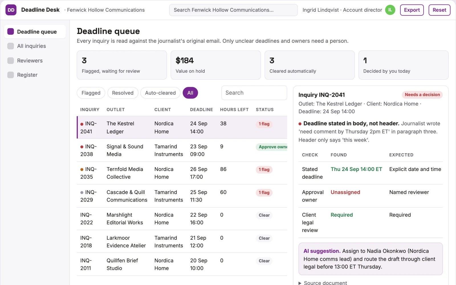 Screenshot of the Press inquiry deadline coordinator interactive demo