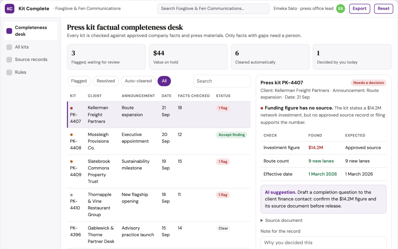 Screenshot of the Press kit factual completeness desk interactive demo