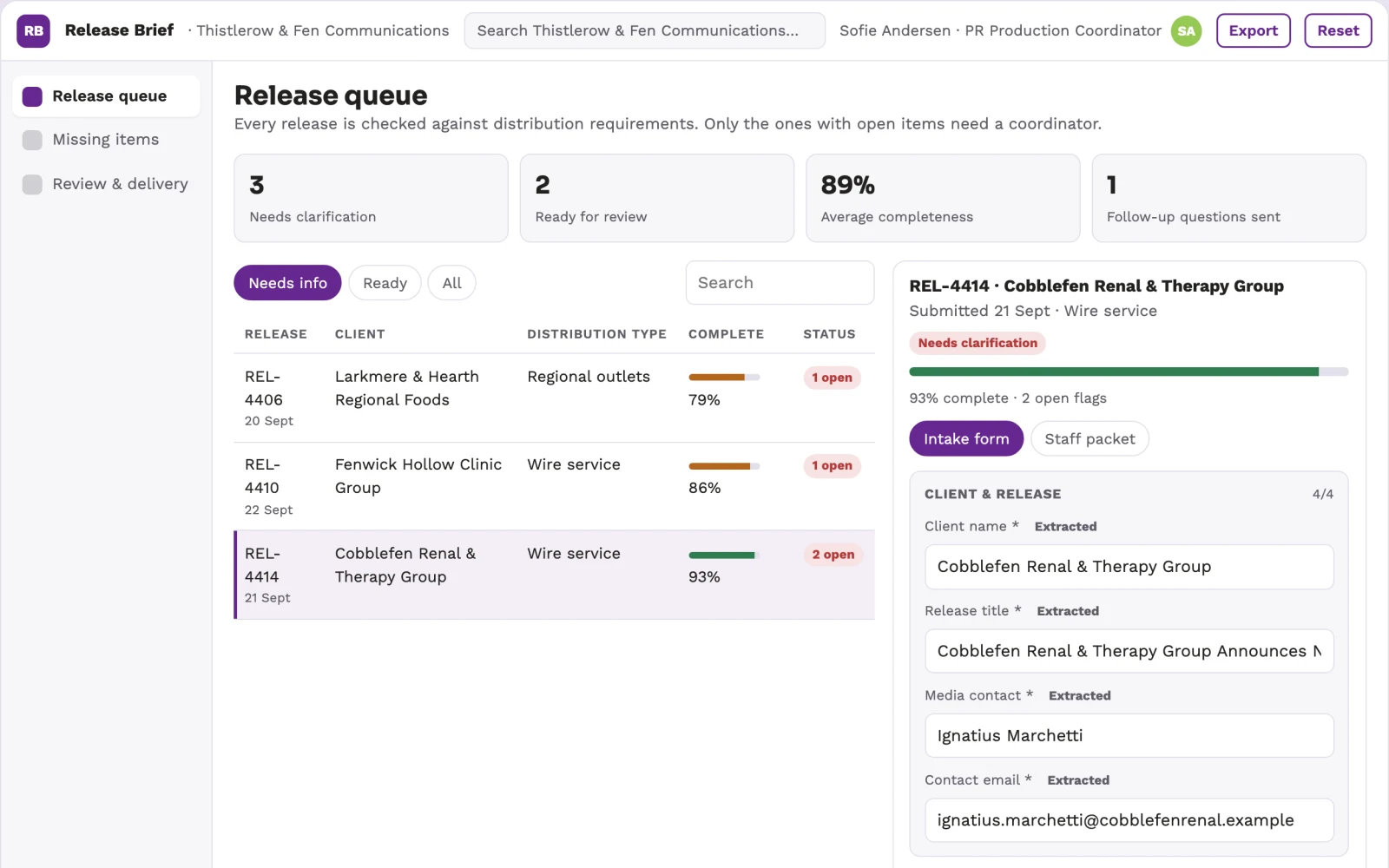 Screenshot of the Press release distribution specification interactive demo