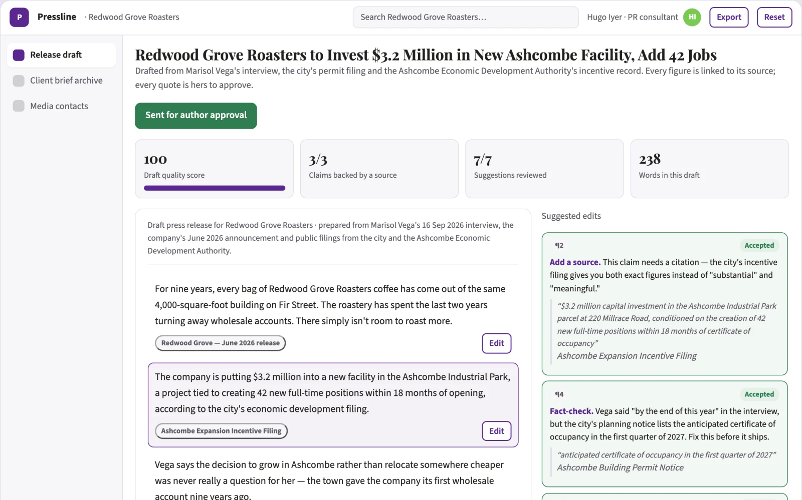 Demo screen of Press release drafting studio
