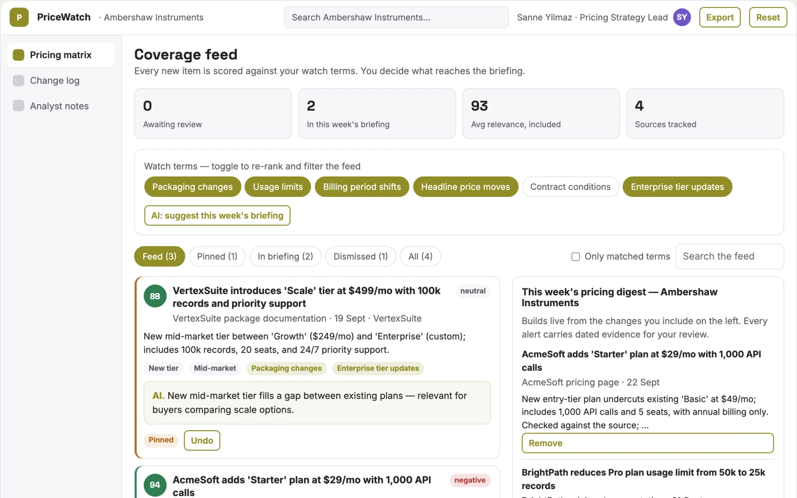 Screenshot of the Pricing intelligence service interactive demo