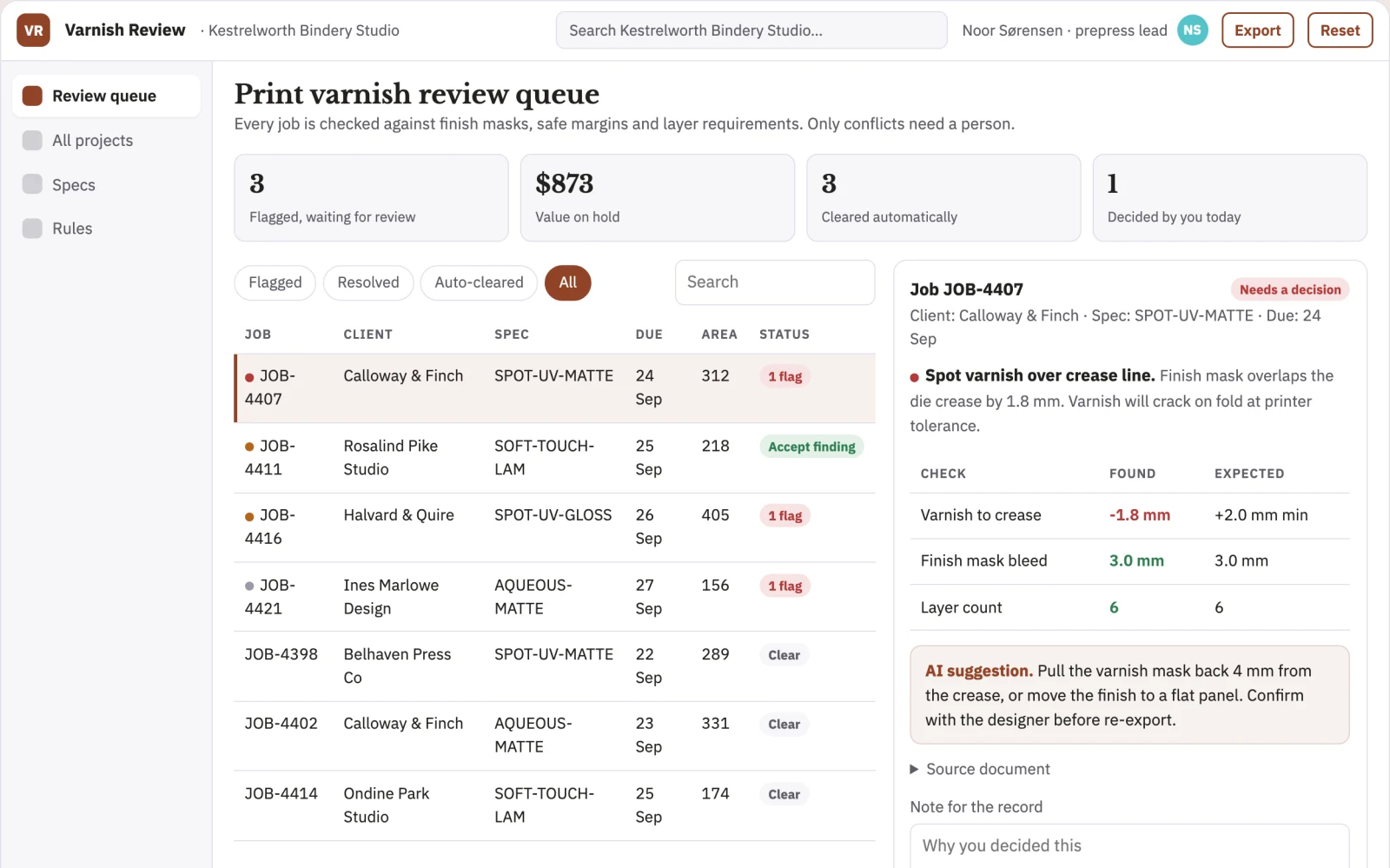Screenshot of the Print varnish separation reviewer interactive demo