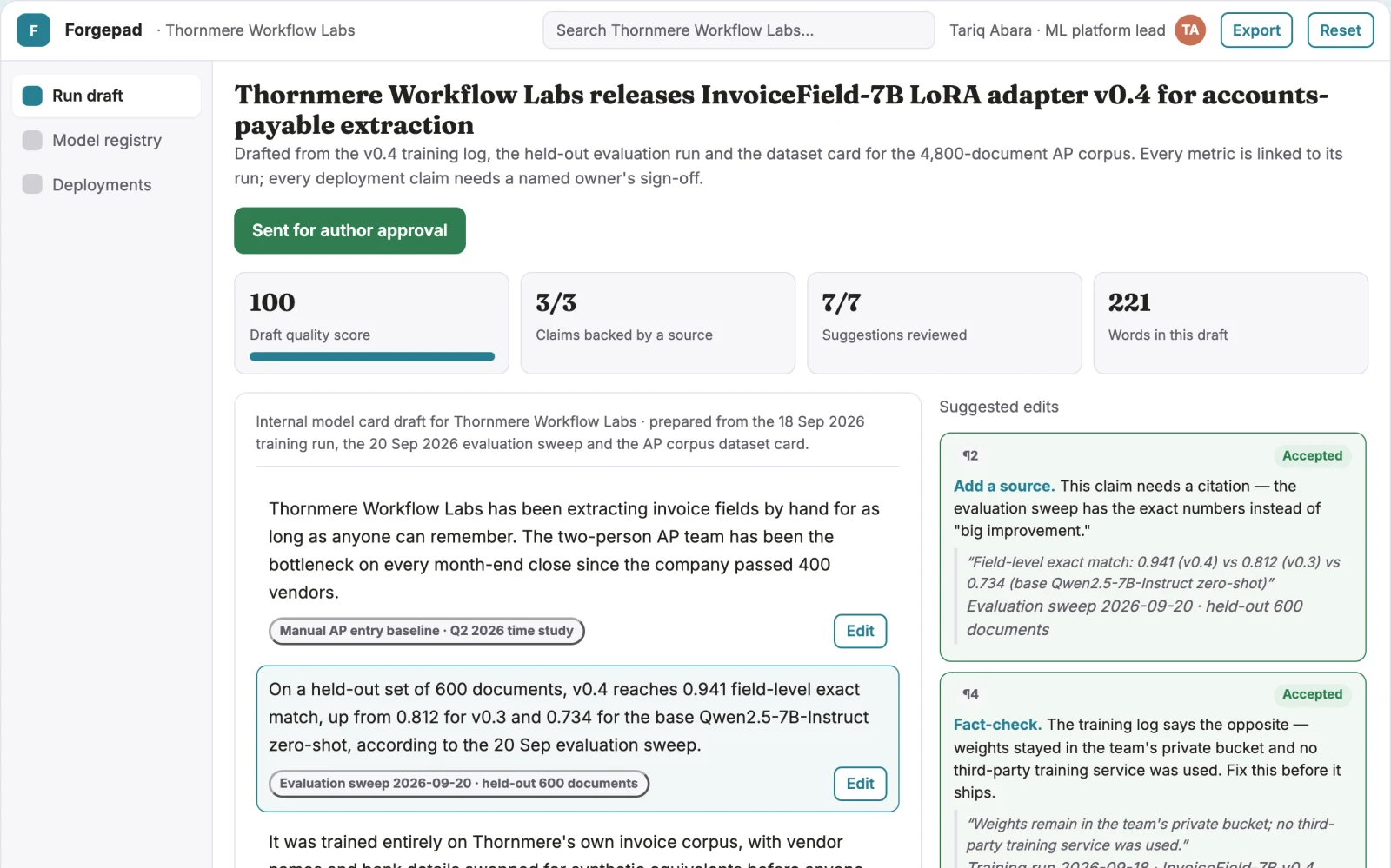 Screenshot of the Private fine-tuning and workflow automation workspace interactive demo