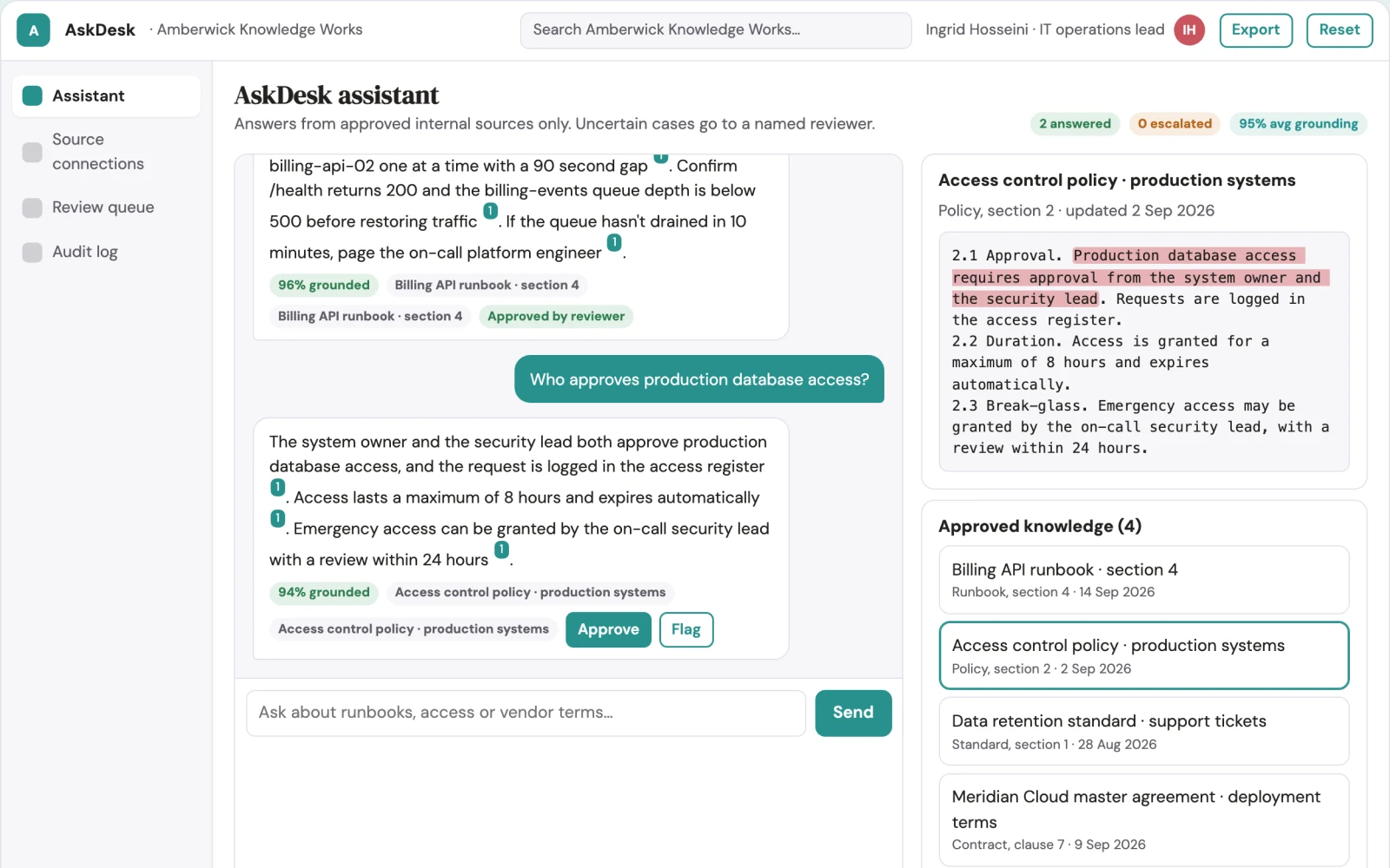 Screenshot of the Private knowledge assistant and agent console interactive demo