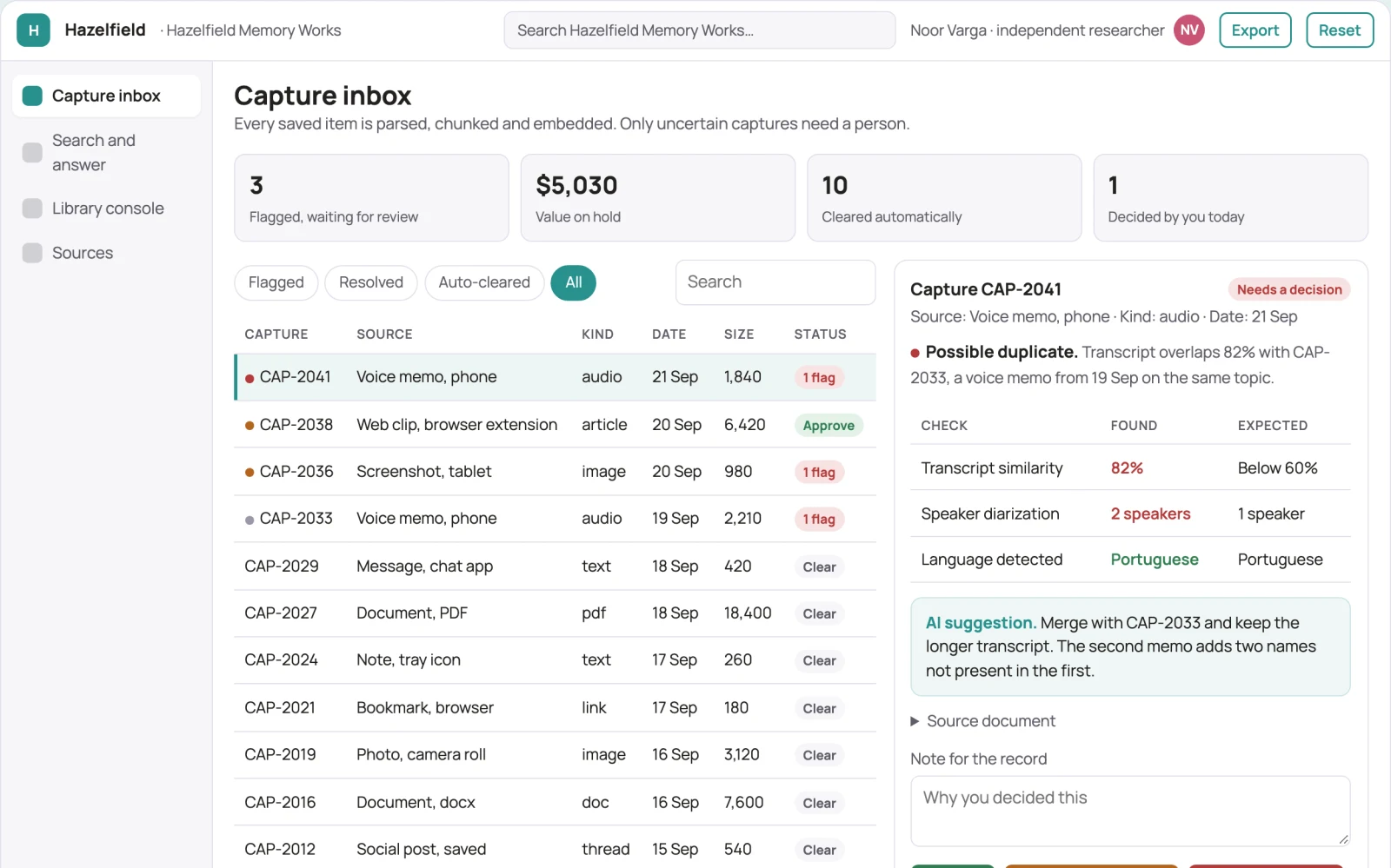 Screenshot of the Private multi-source memory library and search console interactive demo