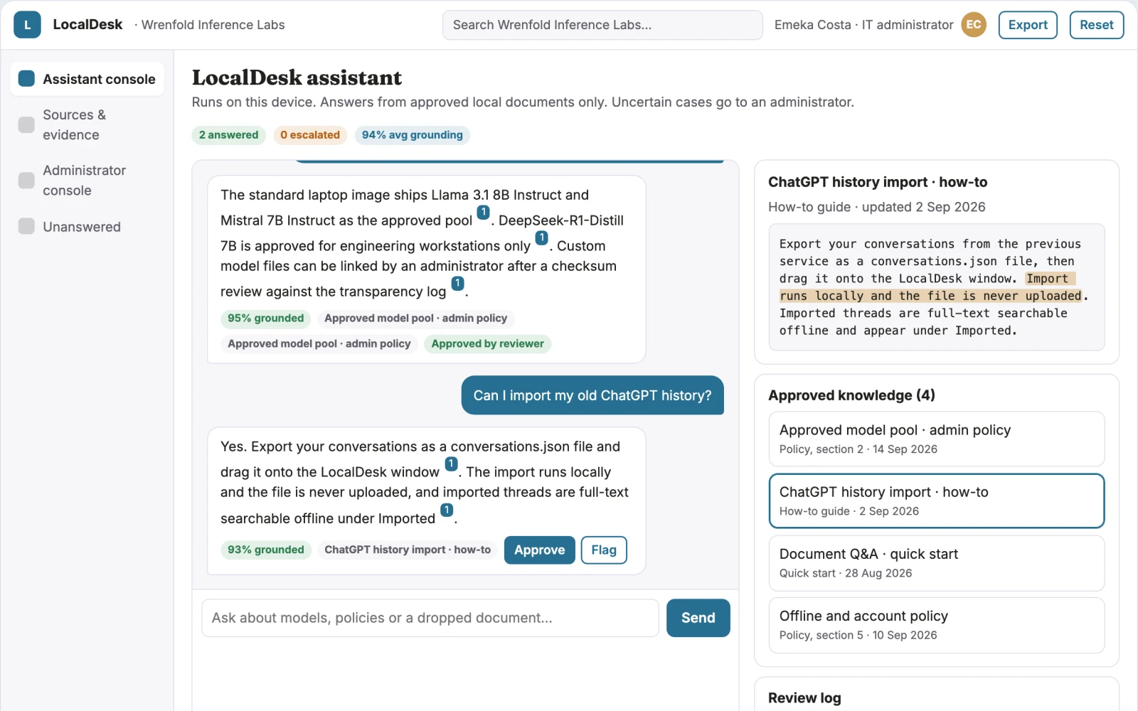 Screenshot of the Private on-device AI assistant console interactive demo