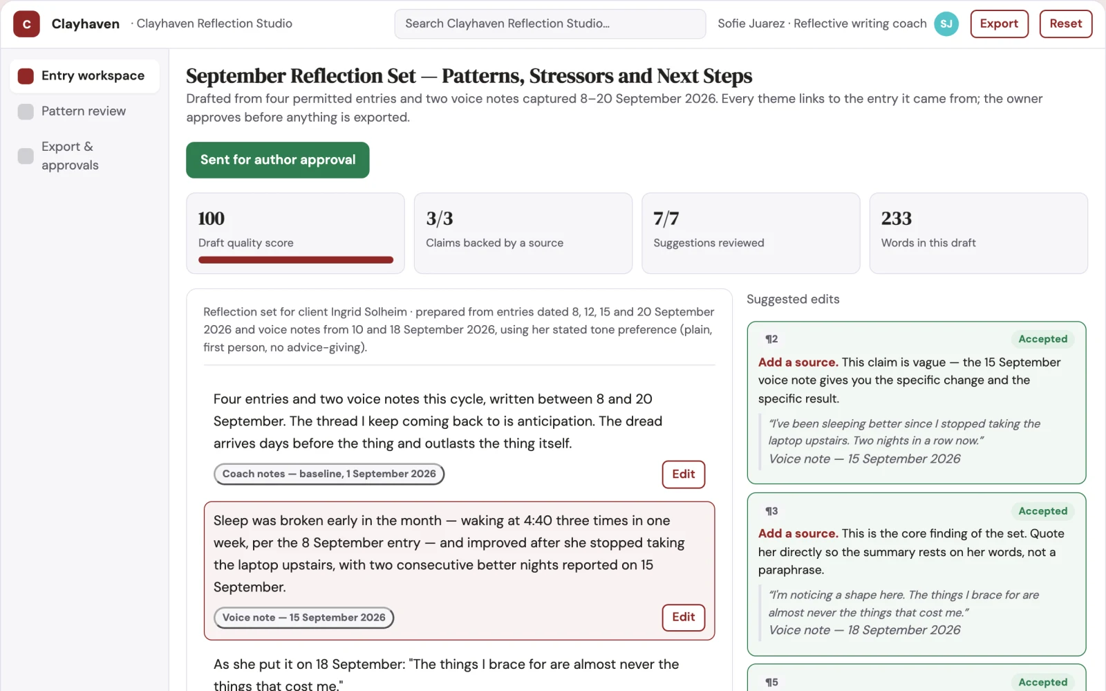 Screenshot of the Private reflective journaling and writing workbench interactive demo