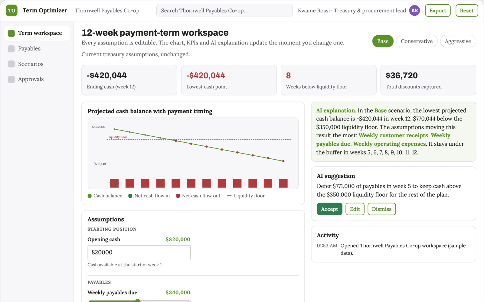 Screenshot of the Procurement payment-term scenario optimizer interactive demo
