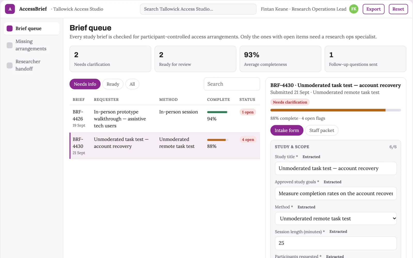 Screenshot of the Product accessibility research recruiting brief interactive demo