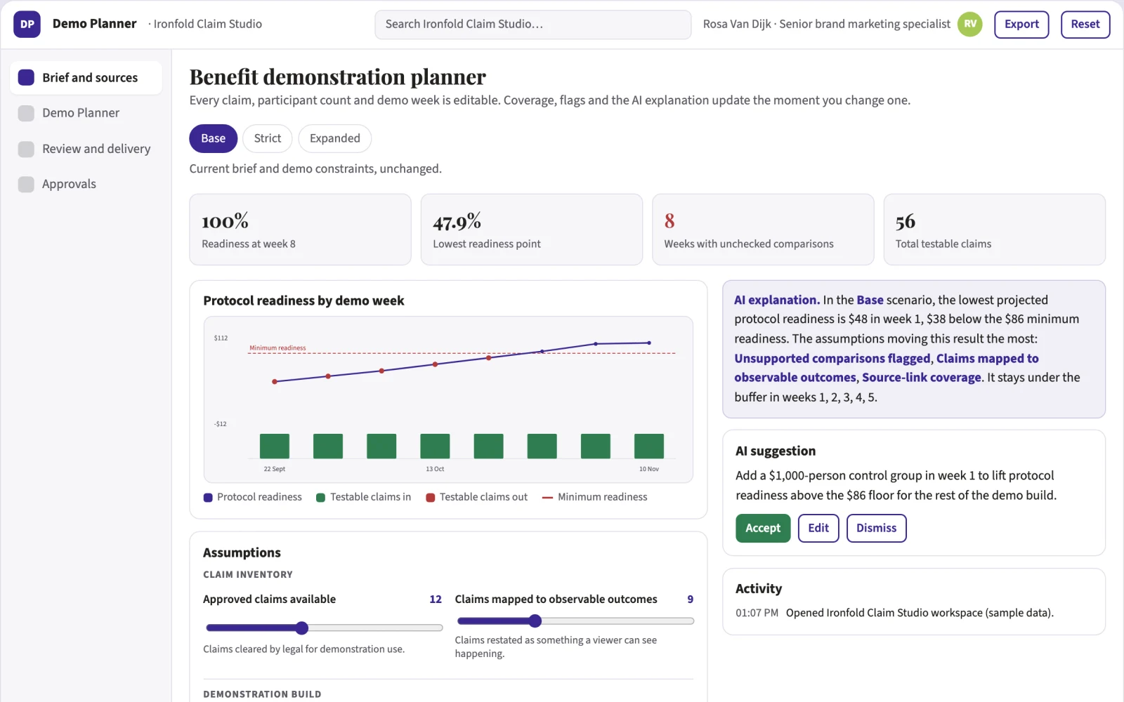 Screenshot of the Product benefit demonstration planner interactive demo