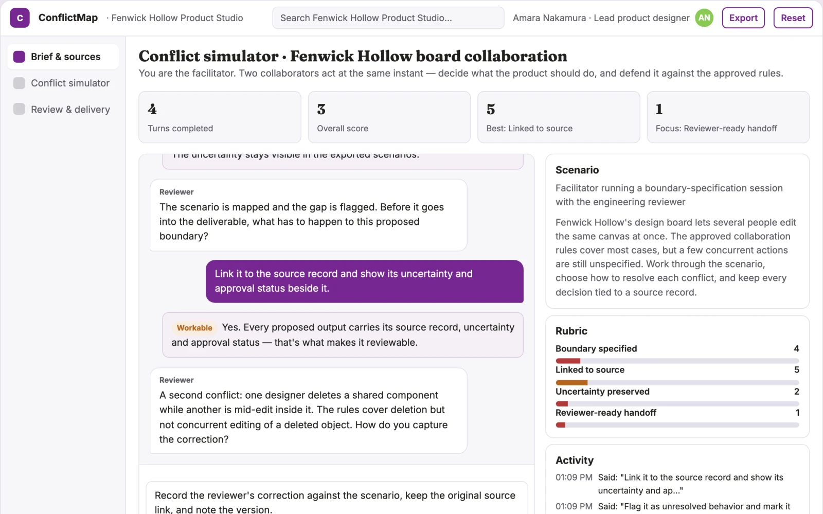 Screenshot of the Product collaboration conflict simulator interactive demo