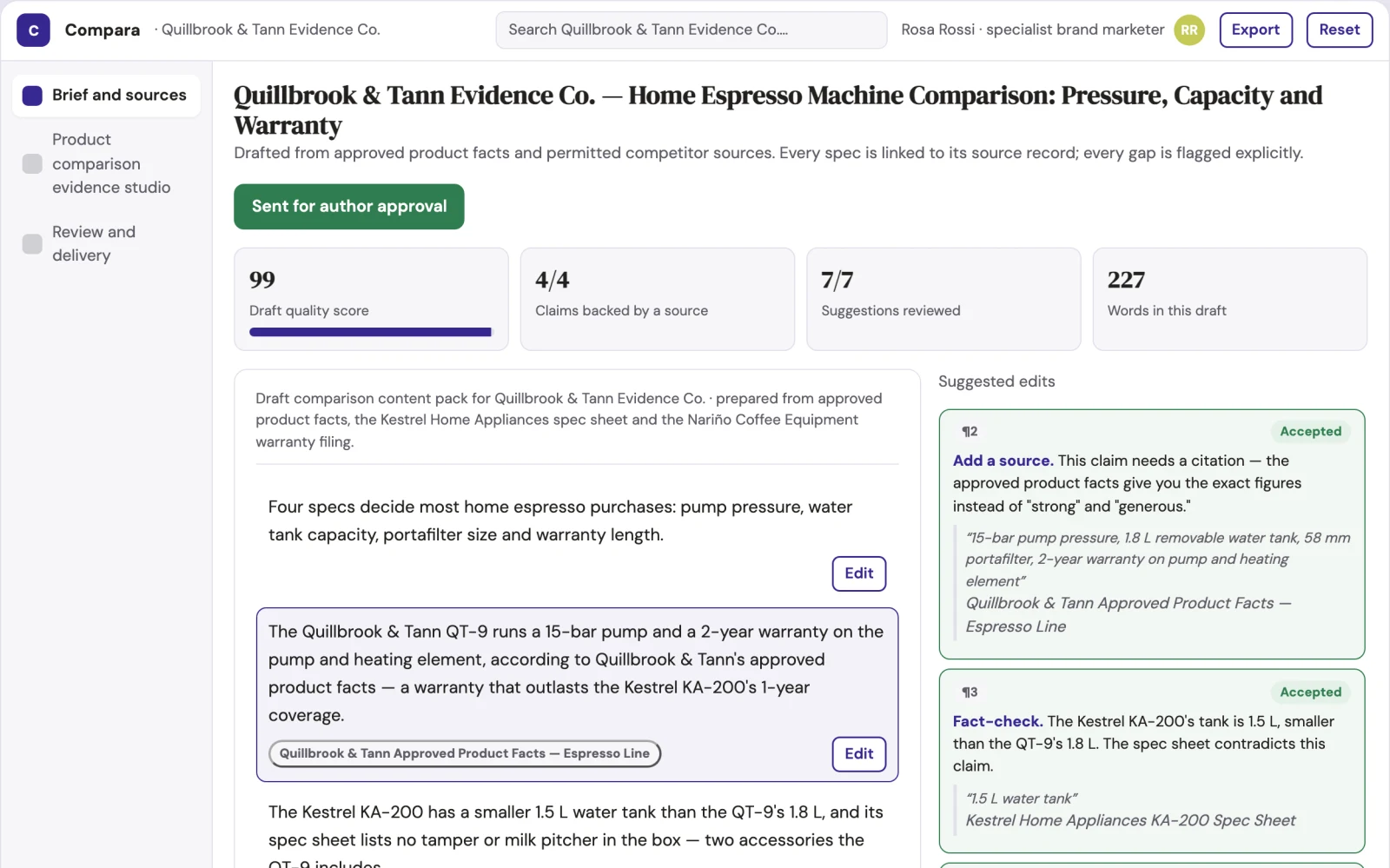 Screenshot of the Product comparison evidence studio interactive demo