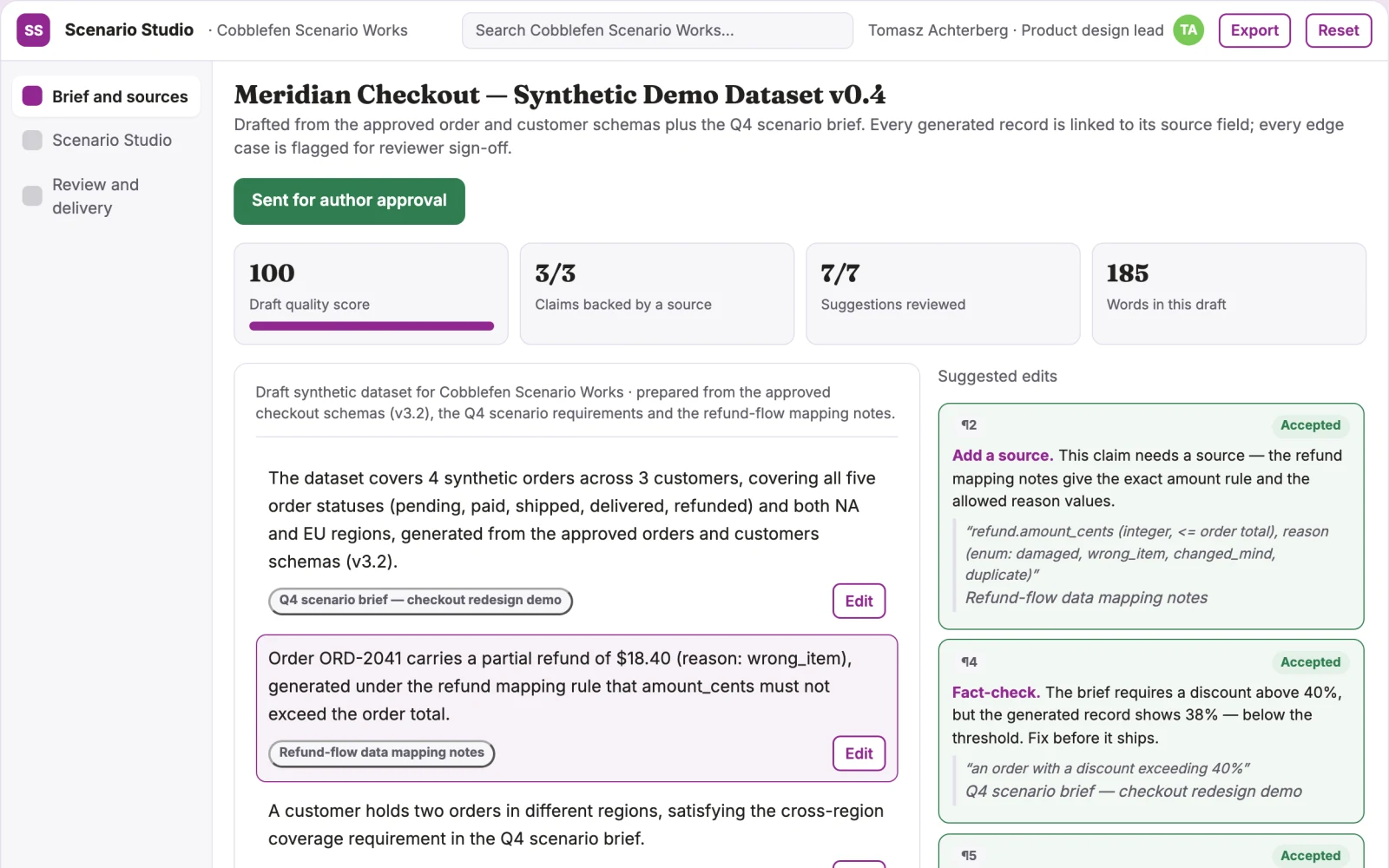 Screenshot of the Product demo-data scenario studio interactive demo
