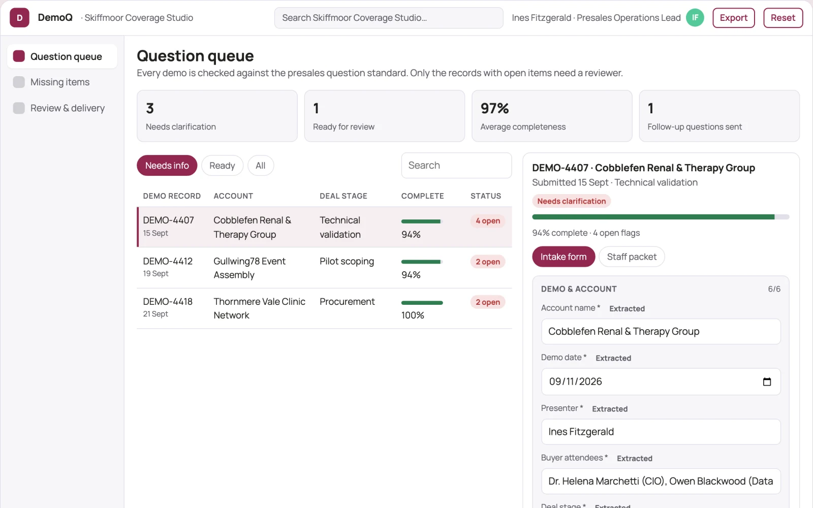 Screenshot of the Product demonstration question capture interactive demo