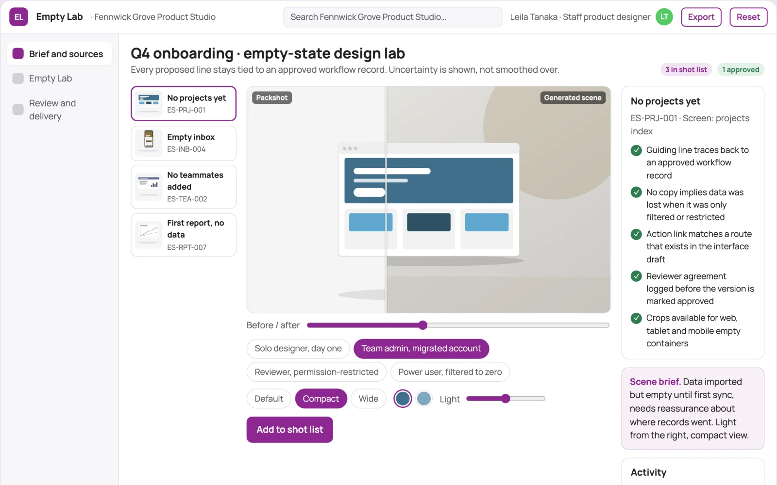 Screenshot of the Product empty-state design lab interactive demo