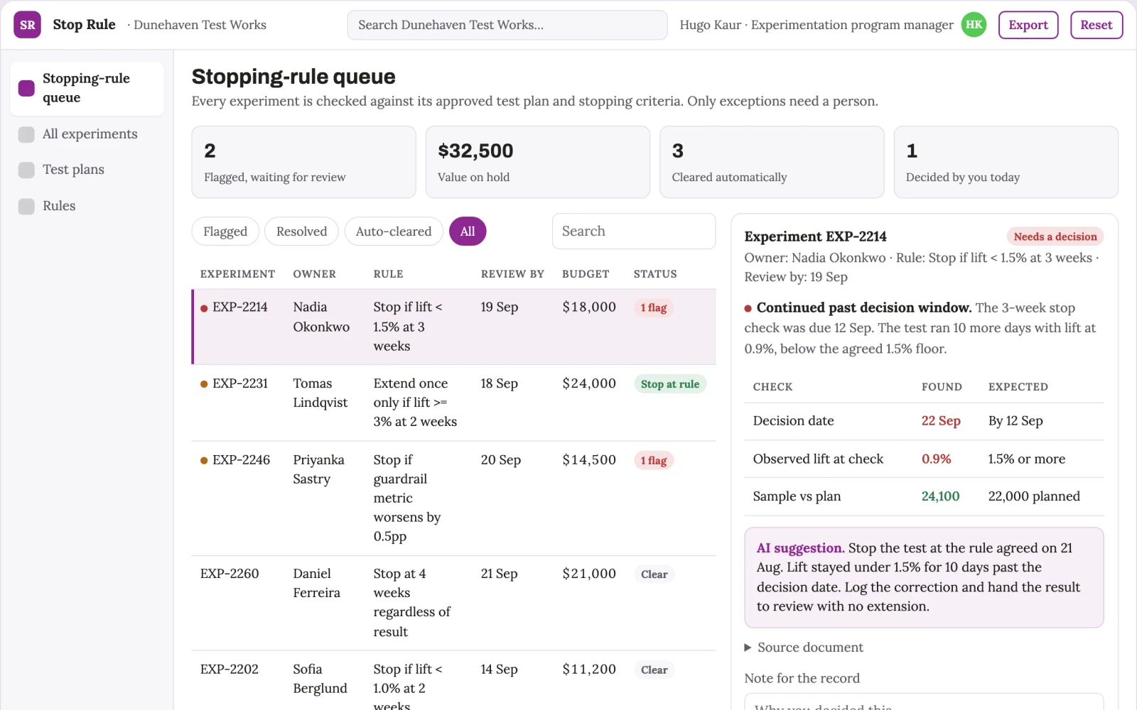 Screenshot of the Product experiment stopping-rule notebook interactive demo