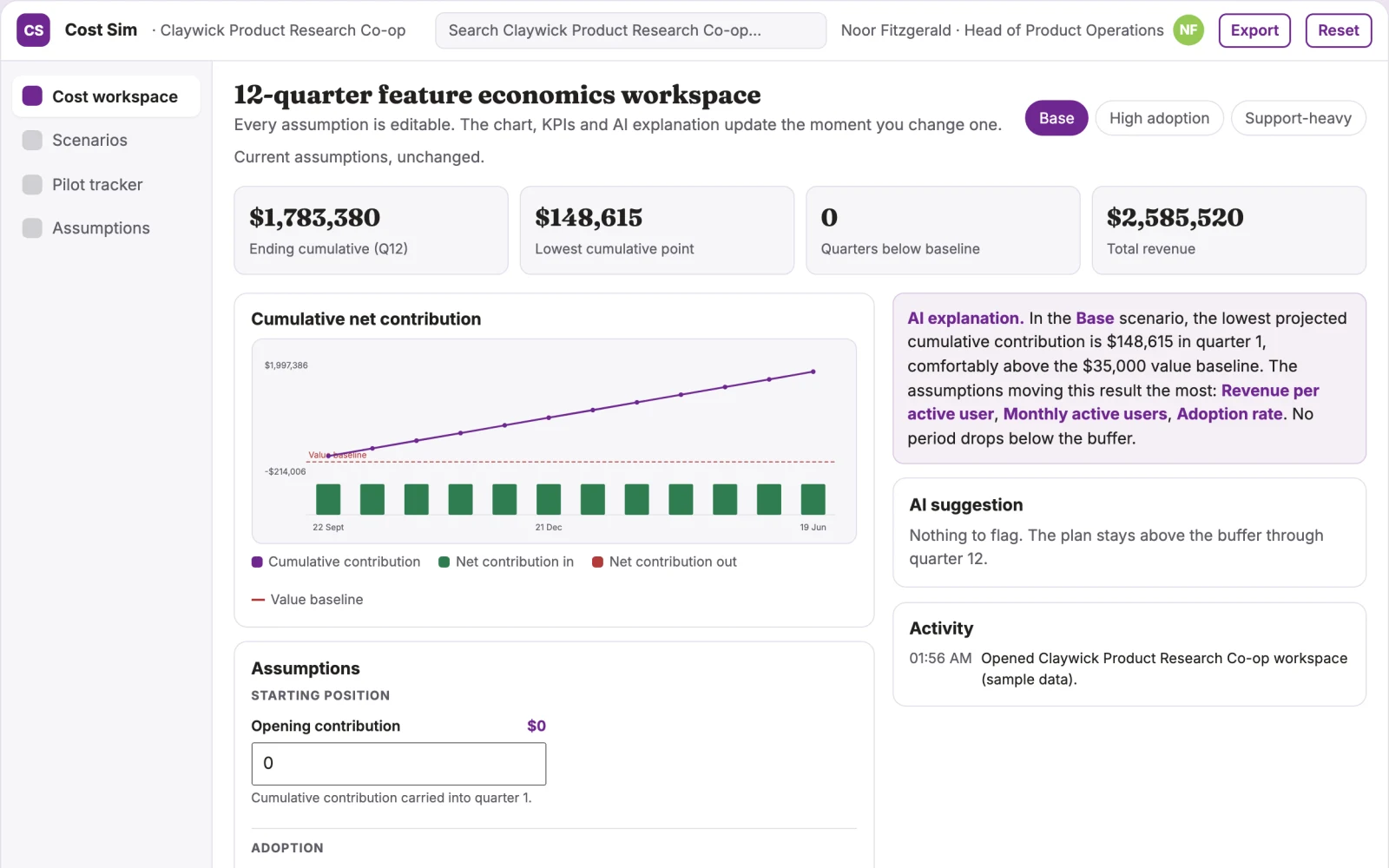 Screenshot of the Product feature operating-cost simulator interactive demo