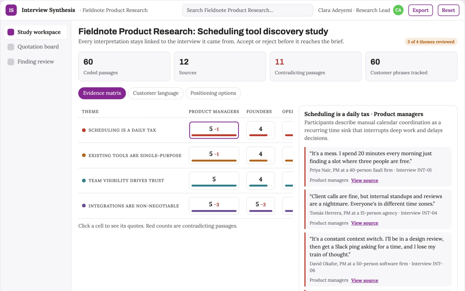 Screenshot of the Product interview synthesis interactive demo