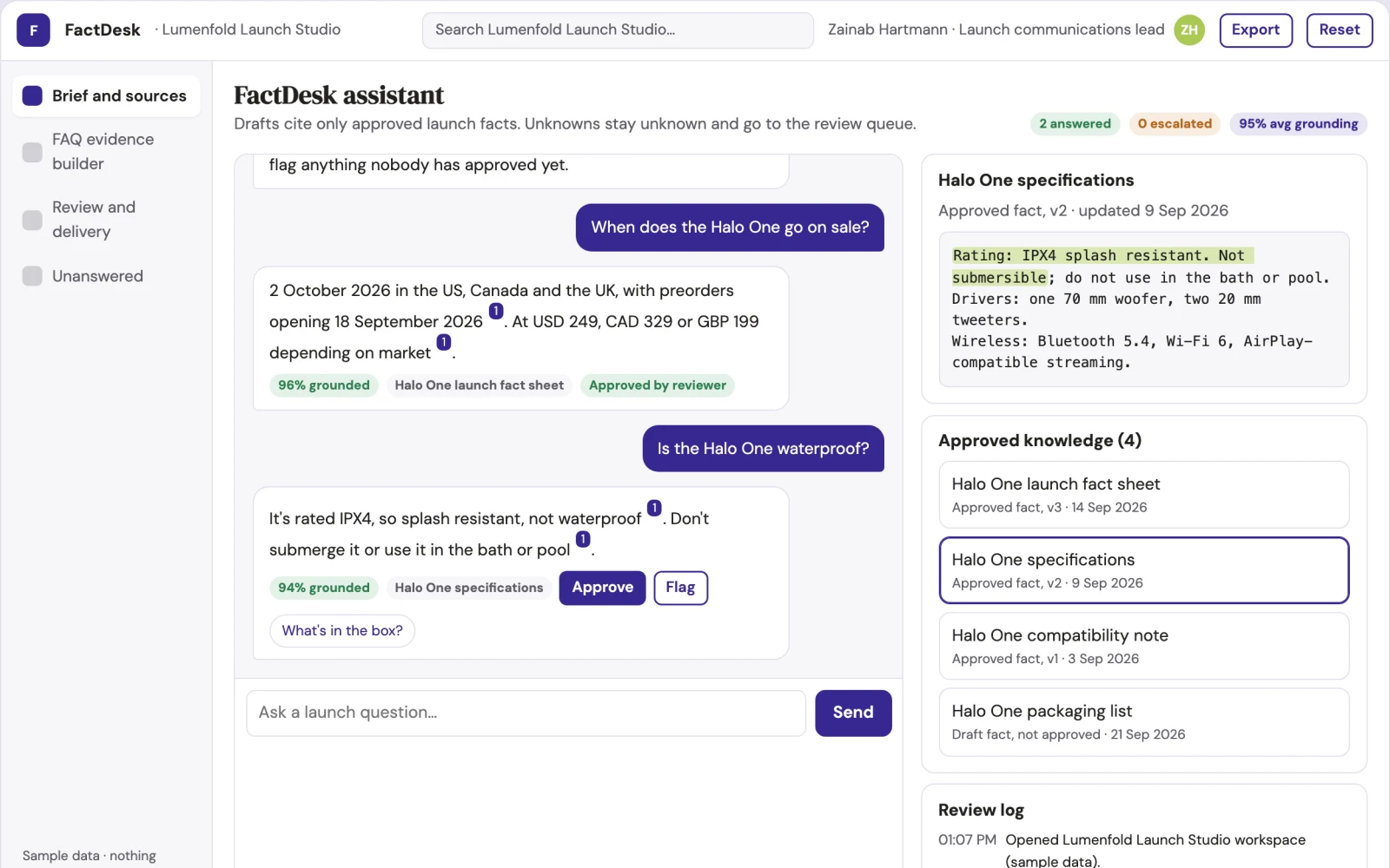 Screenshot of the Product launch FAQ evidence builder interactive demo