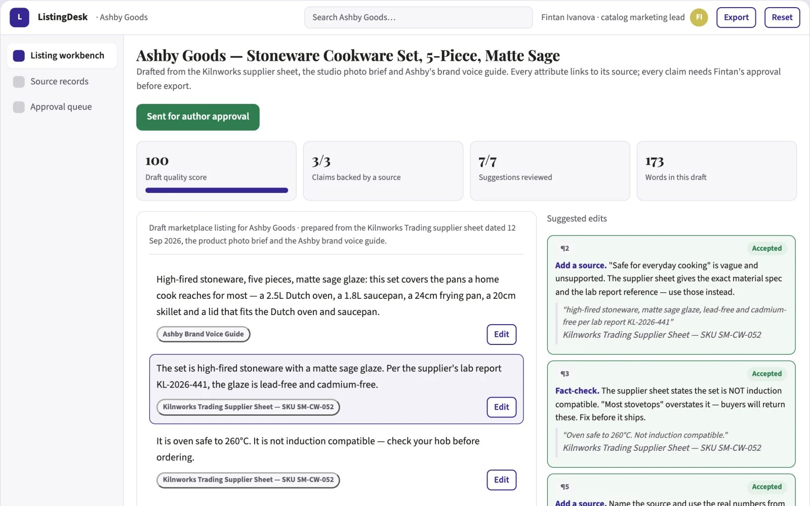 Screenshot of the Product listing content and SEO workbench interactive demo
