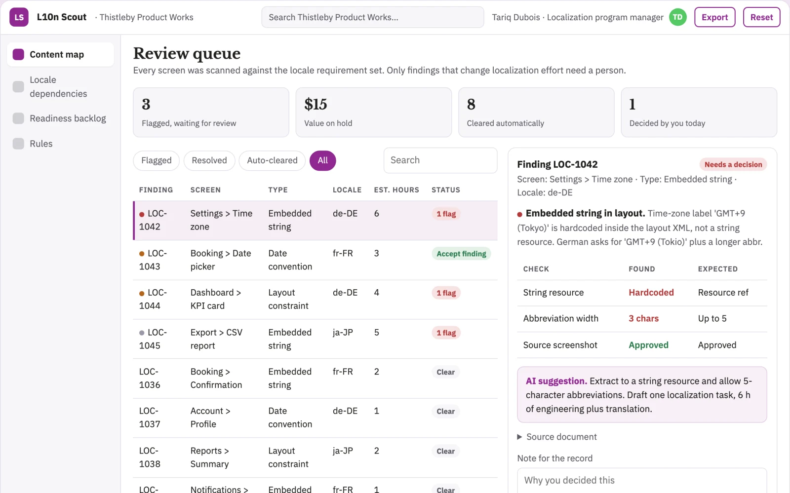 Screenshot of the Product localization readiness planner interactive demo