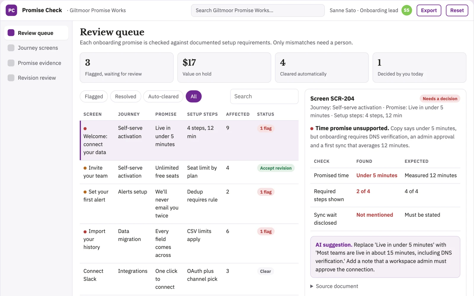 Screenshot of the Product onboarding promise checker interactive demo