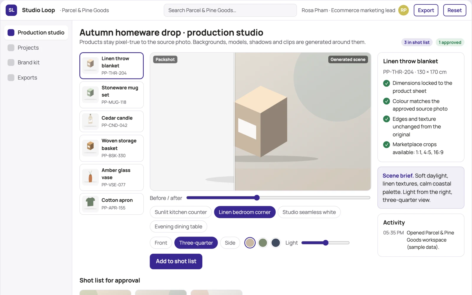 Screenshot of the Product photo and ad production studio interactive demo