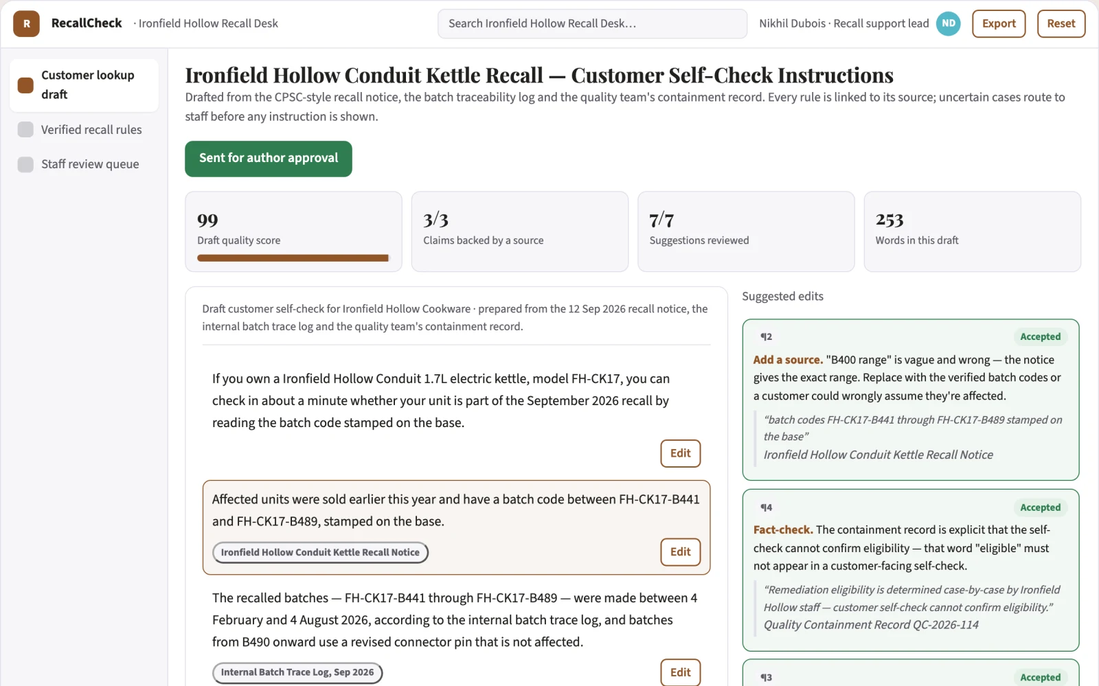 Screenshot of the Product recall customer self-check portal interactive demo
