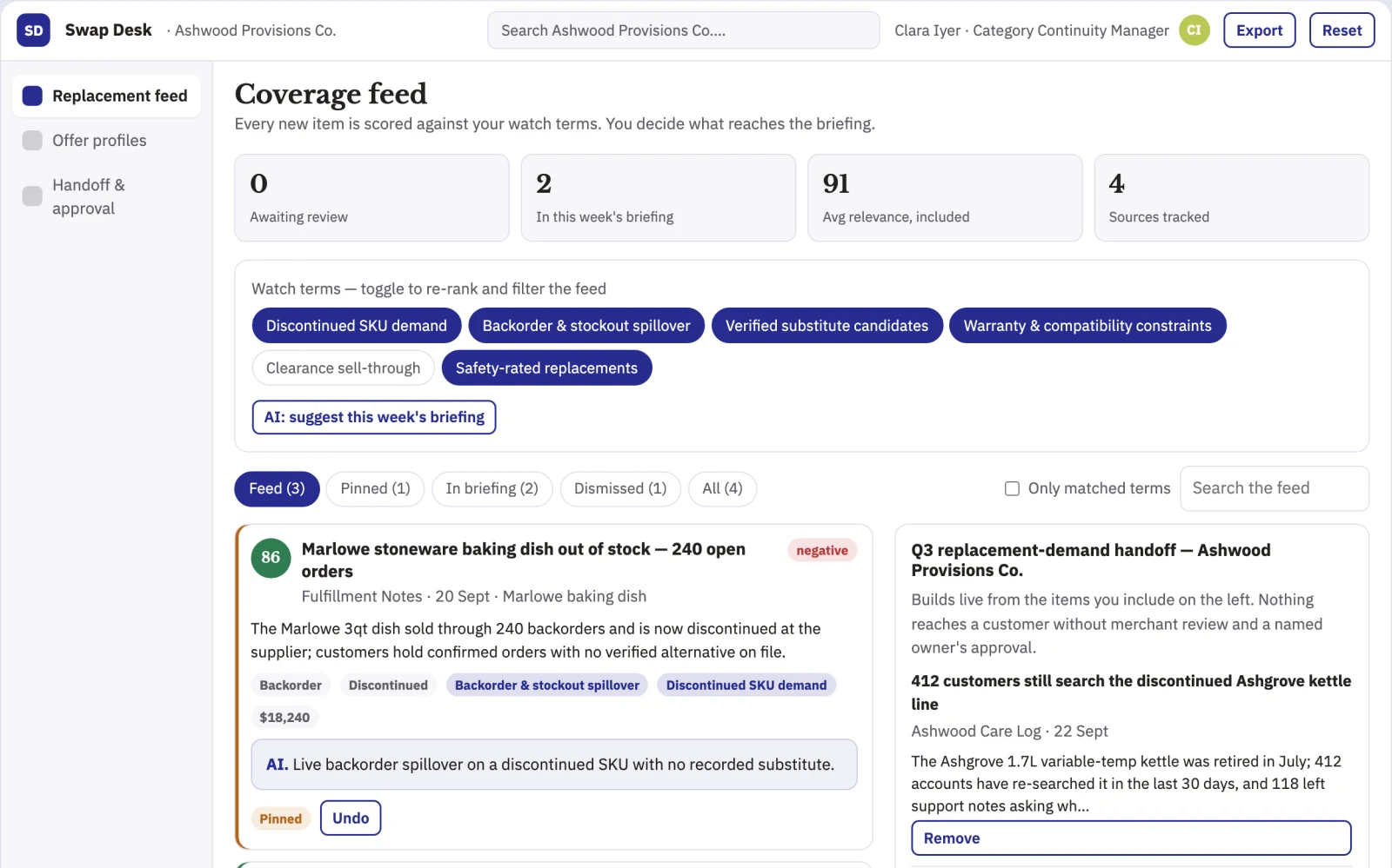 Screenshot of the Product replacement demand recovery service interactive demo