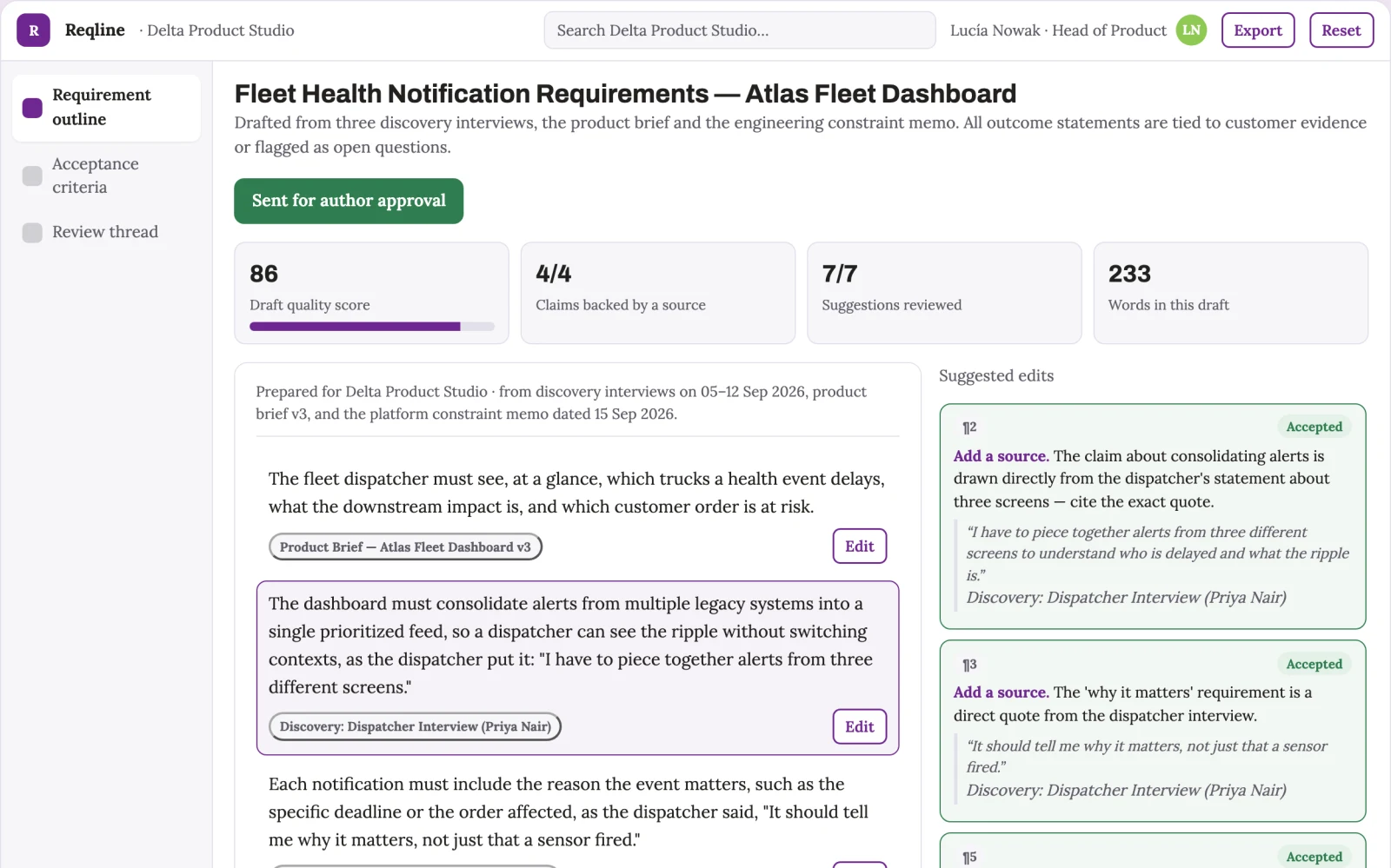 Demo screen of Product requirements service