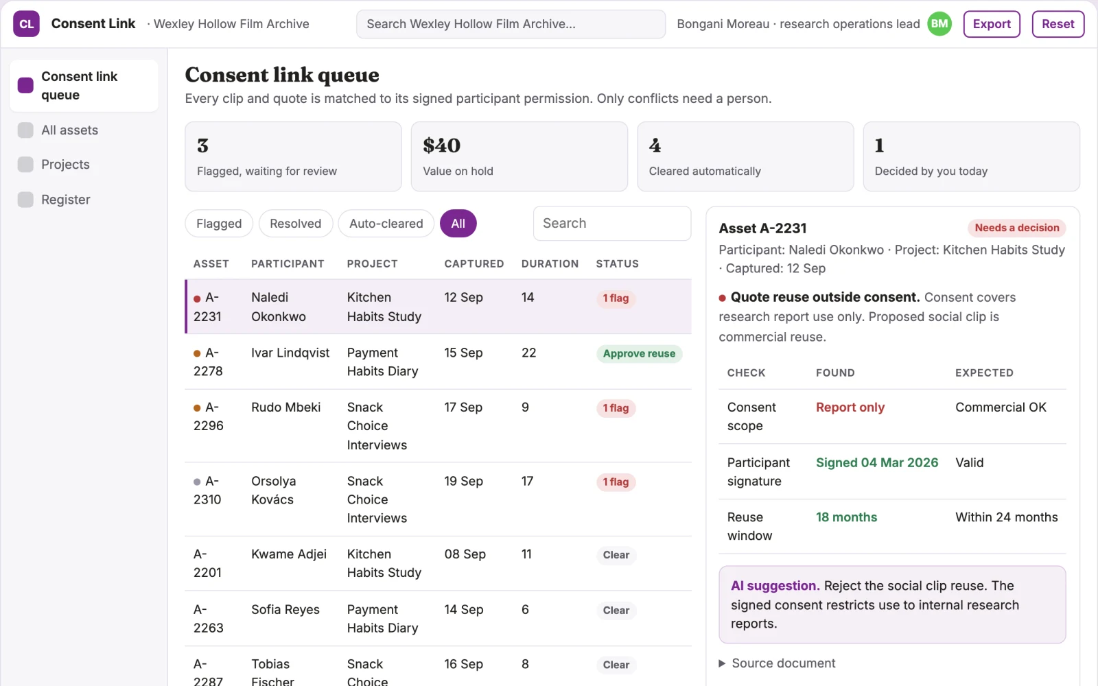 Screenshot of the Product research consent asset linker interactive demo