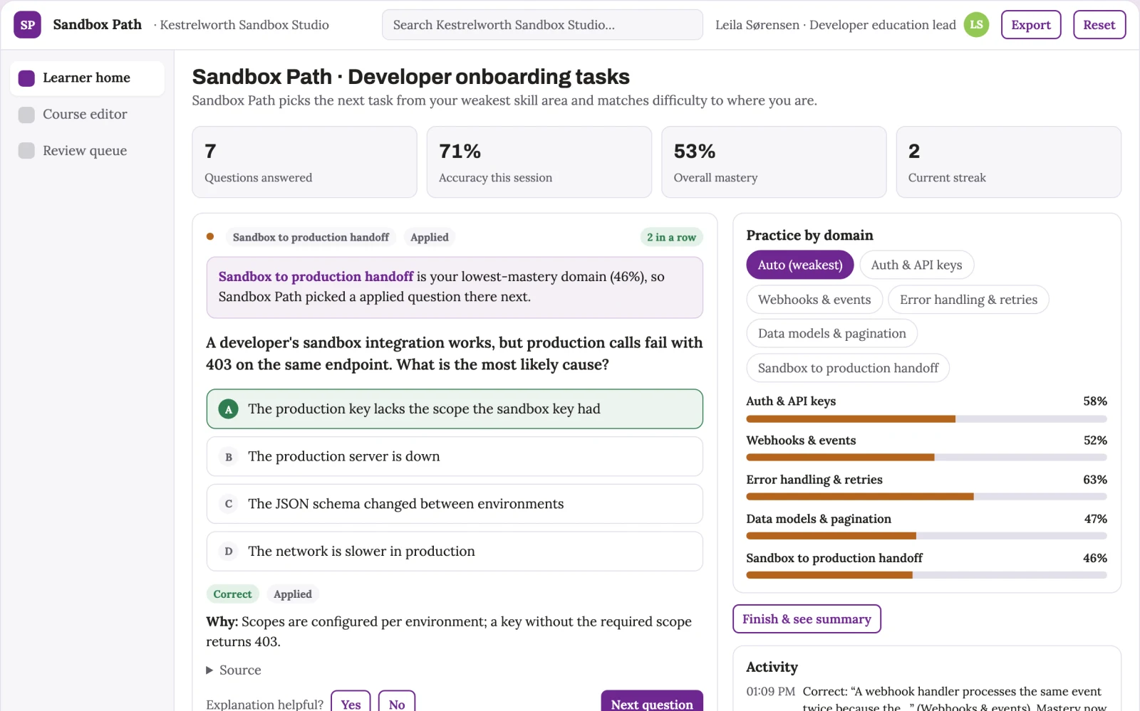 Screenshot of the Product sandbox learning journey interactive demo