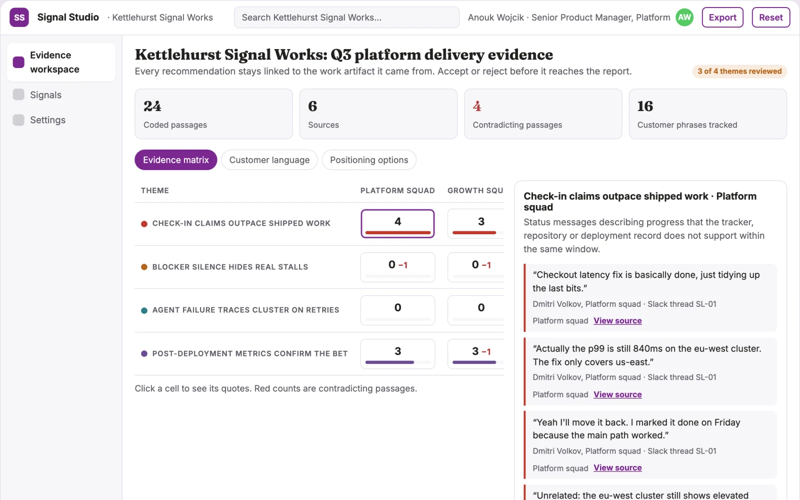 Screenshot of the Product signal aggregation and reporting workspace interactive demo
