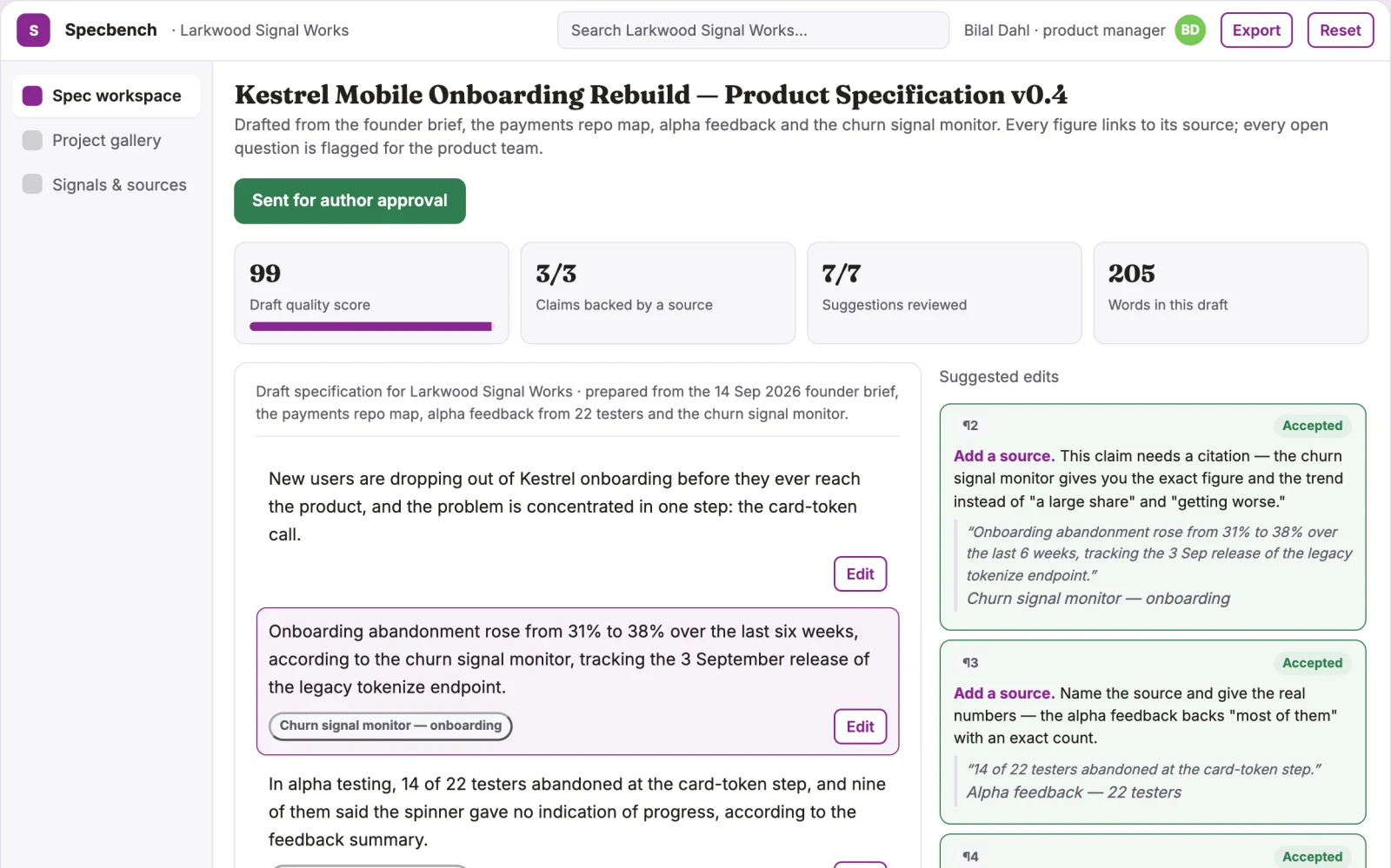 Screenshot of the Product specification and signal workbench interactive demo