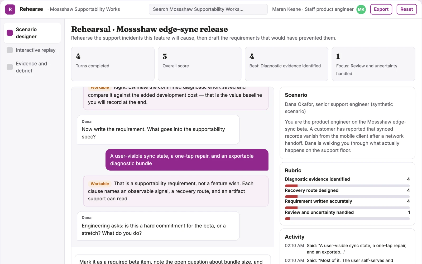 Screenshot of the Product supportability design rehearsal interactive demo