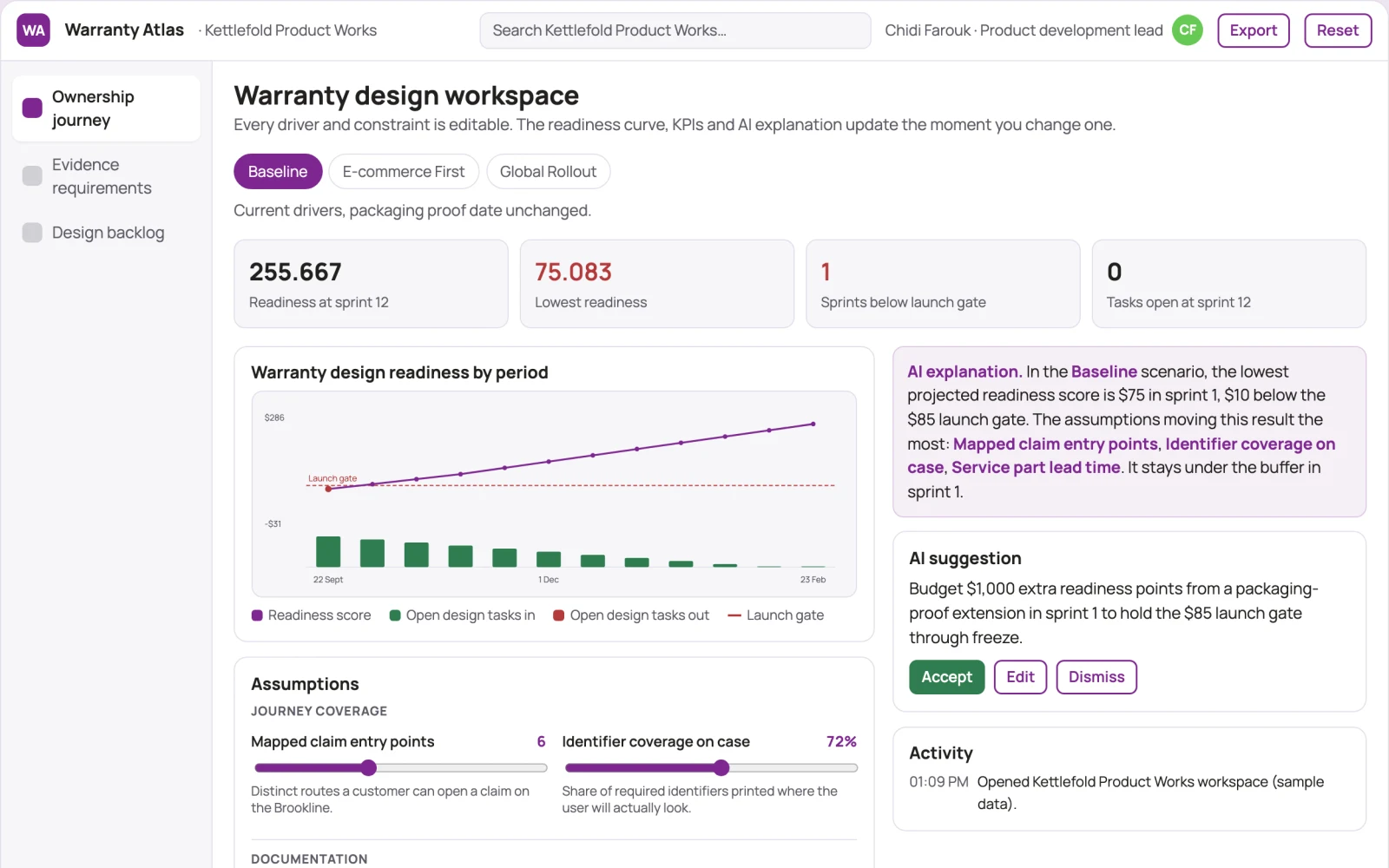 Screenshot of the Product warranty experience designer interactive demo