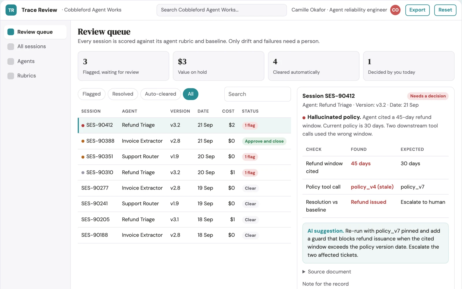 Screenshot of the Production agent trace and evaluation console interactive demo