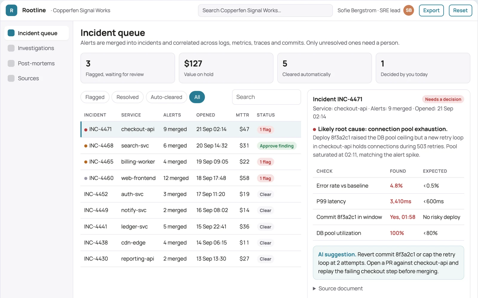 Screenshot of the Production incident root-cause coordination portal interactive demo