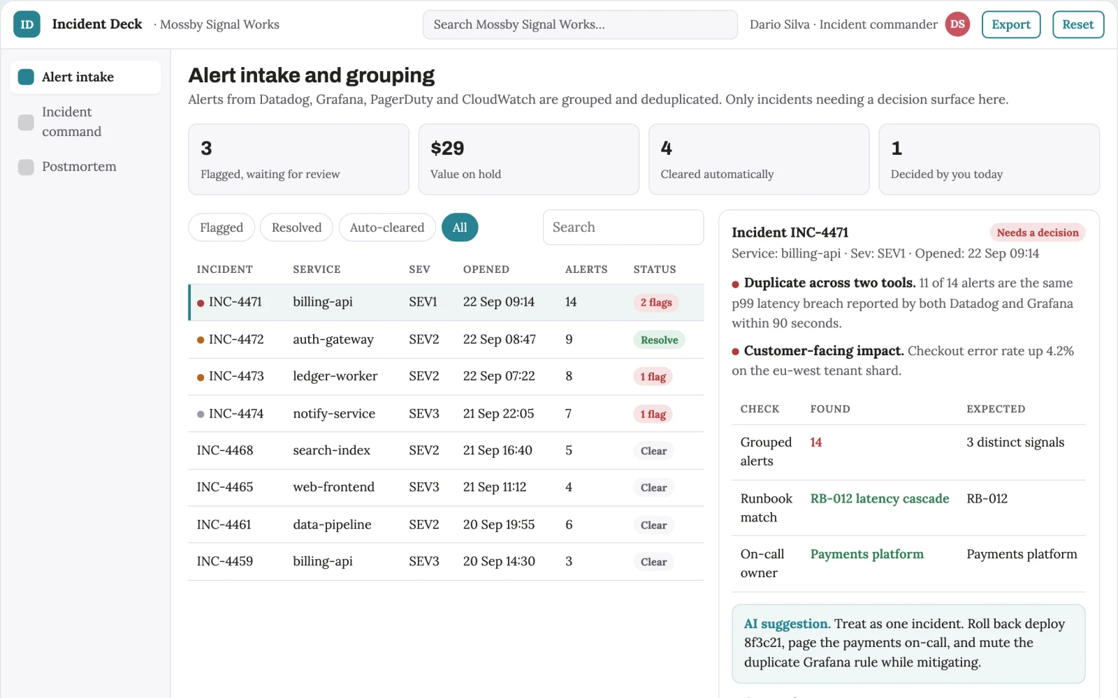 Screenshot of the Production incident triage and response coordination portal interactive demo