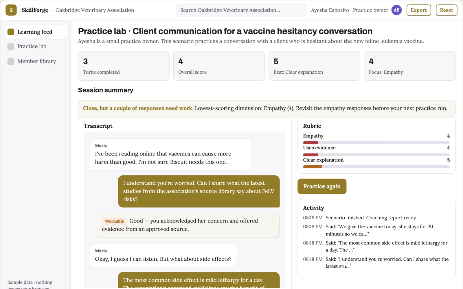 Demo screen of Professional development membership